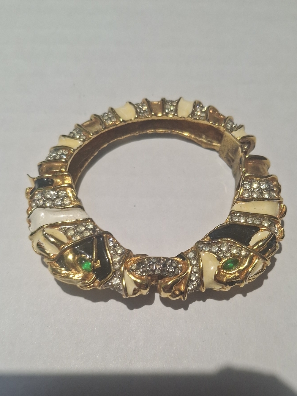 VTG Kenneth Jay Lane KJL Double Ram Head Enamel Clamper Bracelet 1960s 1970s